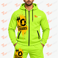 Set Hoodie Sweatshirt Pria Hijau Neon Cetak Tanpa Alasan, Pakaian Kasual Musim Gugur, Bahan French Terry Bernapas, Tracksuit Pria