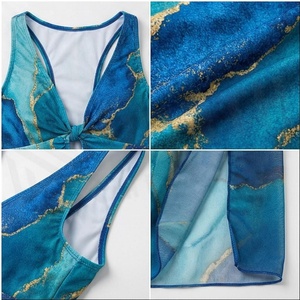 Women's Blue Gradient Chiffon Swimdress Deep V Neck Twist Front Draped Wrap <b>Skirt</b> 2 Piece <b>Set</b> Tummy Control Shapewear Beachwear - Product Image 4