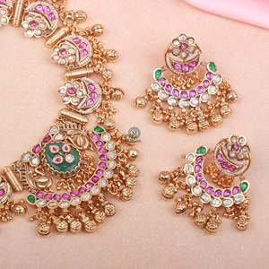 Chaandni Antique Gold-Plated Zircon Bridal Necklace Set for Festivals - Product Image 4