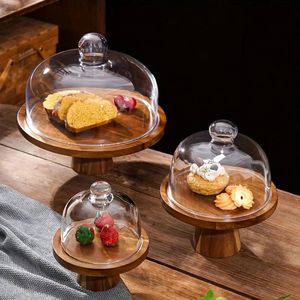 Encantador soporte para pasteles de madera natural con tapa de cristal para centro de mesa y almacenamiento de postres - Product Image 4