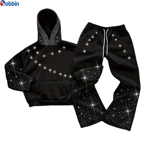 Ensemble de survêtement tendance avec logo personnalisé et strass pour homme, style streetwear, sweat à capuche et pantalon de jogging, tenue deux pièces en strass OEM - Product Image 1