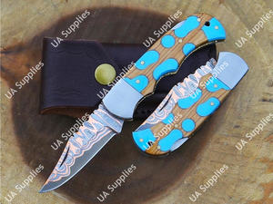 Cuchillo de Camping Plegable de Acero Damasco y Cobre, Venta al Por Mayor Directa de Fábrica, Funda Incluida, OEM/ODM Personalizable, MOQ Bajo, EDC - Product Image 6