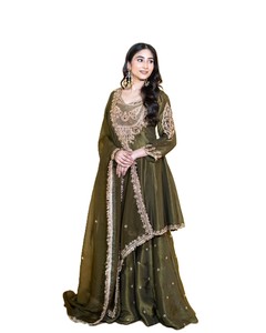 French Crep Silk Embroidered Salwar Kameez Sharara Dupatta Set <b>Mehndi</b> Green Color Women Party Wear Ethnic Festive <b>Outfit</b> - Product Image 2
