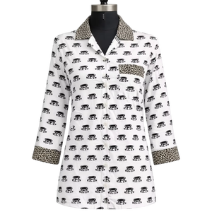 Women Crepe Silk Pajama Set Elephant Print Nightwear Long Sleeve Shirt Pants With Pockets Matching Bag Lounge Wear - Product Image 1