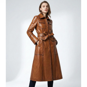 Elegante Gabardina de Piel Sintética con Cinturón, Manga Larga, Cuello Vuelto, Color Sólido, Ropa Exterior de Otoño para Mujer - Product Image 1