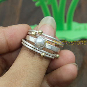 Natural Pearl <b>Ring</b> 925 Sterling <b>Silver</b> and Brass Handmade Statement <b>Ring</b> Multi Band <b>Stack</b> <b>Ring</b> Minimalist Pearl Jewelry Gift Her - Product Image 3