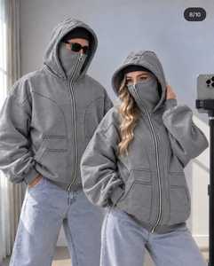 Sudadera con capucha unisex 2026 con cremallera completa, chaqueta de forro polar extragrande con máscara en la capucha, bolsillo canguro, venta al por mayor personalizada, ropa urbana OEM/ODM - Product Image 4