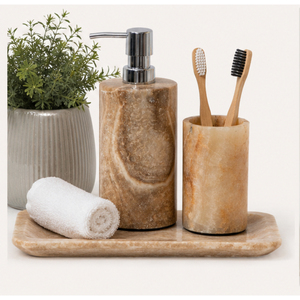 Exclusive Natural Stone <b>Bathroom</b> <b>Accessory</b> <b>Set</b> Handmade Beige Marble Liquid Soap Dispenser and Toothbrush Holder Tumbler - Product Image 2