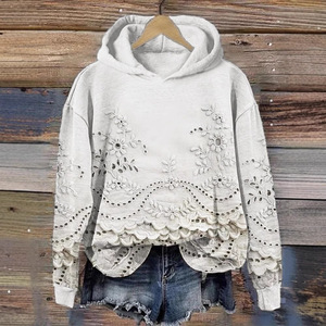 Sudadera con Capucha Floral en Relieve para Mujer, Tejida, Manga Larga, Casual, Otoño, Beige, Ajuste Regular, Mezcla de Algodón, Estilo Bohemio - Product Image 5