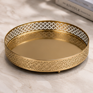 Round Brass <b>Storage</b> Tray With Geometric Pattern Modern Design Durable Indoor <b>Tabletop</b> Accessory Living Room Decor - Product Image 4