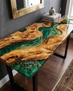 Mesa de Comedor de Estilo Europeo con Borde Natural de Madera de Burl, Superficie de Resina Turquesa, Acabado Moderno, Duradera, Hecha a Mano, para 6 Personas, Hotel, Supermercado - Product Image 4