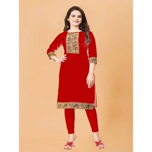 ATRACTIVO ENCAJE FLEX ALGODÓN TRABAJO LISTO PARA LLEVAR KURTI ROJO - Product Image 1