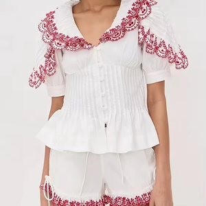 เสื้อครอปสั้นลำลองผ้าชีฟองปักลายดีไซน์เนอร์ล่าสุด ผ้าฝ้ายแท้ แต่งเชือกเก๋ไก๋ ลายปักเรียบหรู 2 ชิ้น - Product Image 1