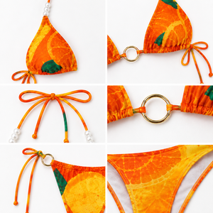 Orange Fruit Print <b>Triangle</b> <b>Bikini</b> <b>Set</b> Pearl Strappy Beachwear Ring Detail Women Swimwear - Product Image 3