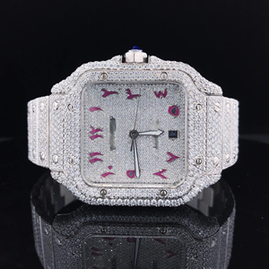 Premium Auto Date Iced Diamond Unique Design Stainless Steel <b>Case</b> Band Quartz <b>Watch</b> with Pink Arabic Number Dial Limited Edition - Product Image 1