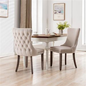 Set di 2 Sedie da Pranzo Beige SW8809BG con Schienale Alto, Rivestimento in PU, Cuciture Decorative e Gambe in Legno Massello per Uso Esterno - Product Image 1