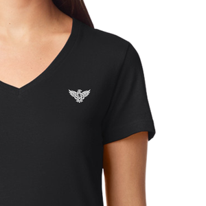 Camiseta de Jersey para Mujer, Cuello en V, Manga Corta, Color Negro Liso, con Logotipo, Mezcla de Algodón Suave y Transpirable, Informal, para Uso Diario, Ligera, para Verano - Product Image 3