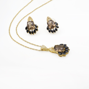 Ensemble pendentif et boucles d'oreilles en argent sterling 925 avec quartz fumé naturel et spinelle noire, plaqué or, bijoux fins OEM ODM - Product Image 6