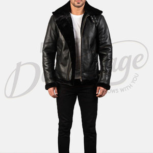 Chaqueta de Cuero Genuino Negra para Hombre, Forrada con Piel de Oveja, Estilo Aviador, para Invierno, con Cuello de Piel - Product Image 1