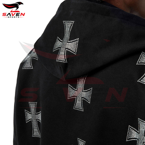 Sweat à capuche zippé personnalisé pour homme, noir, avec motif en strass, en coton épais, coupe ample, style streetwear, effet diamant scintillant, en molleton - Product Image 6