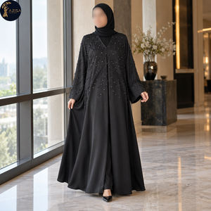 Abaya noire rayonnante avec embellissement perlé ondulé et ouverture frontale |   Robe musulmane modeste longue avec manches longues et fluides - Product Image 2