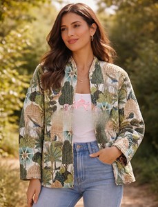Premium Women Handcrafted Printed Jaipuri Quilted Cotton <b>Jacket</b> Comfortable Long Sleeves Breathable Elegant <b>Mandarin</b> <b>Collar</b> - Product Image 3