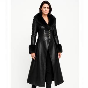Women's Long Faux Leather Trench <b>Coat</b> With Fur Trim Elegant <b>Winter</b> Outerwear Black Full Sleeve <b>Thick</b> Warm Coating - Product Image 1