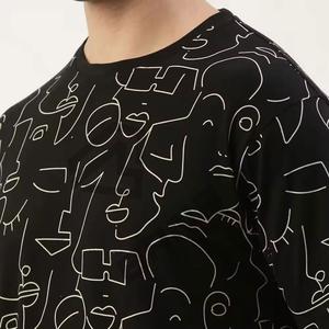 T-shirt personnalisé pour homme, noir, manches courtes, col rond, avec motif abstrait blanc, coupe classique, jersey en coton tricoté décontracté - Product Image 5