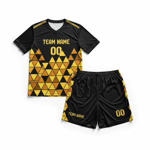 Ensemble de maillots de football personnalisés imprimés par transfert thermique, motif géométrique noir et jaune perlé, col en V, manches courtes, évacuation de l'humidité, 100% - Product Image 1
