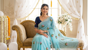 Sari de Rayón Azul Claro con Bordado Floral y Borde Plateado, Traje Tradicional de Boda para Mujer, Estilo India-Pakistán, Largo hasta el Suelo - Product Image 4