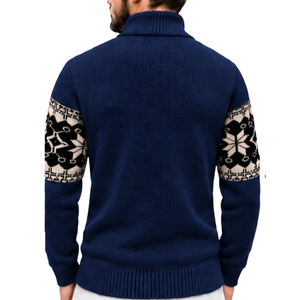 Pull pour homme bleu marine style Fair Isle nordique, jacquard flocon de neige, col montant, poignets et ourlet côtelés, décontracté automne, 12GG, vente en gros de tricots - Product Image 2