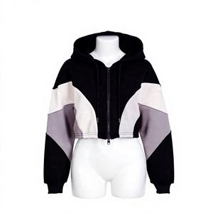 Women's Breathable 100% Cotton <b>Hooded</b> <b>Zip</b>-Up Crop Sweatshirt Drop-Shoulder Full Sleeve Casual Winter Knitted Fabric 340g - Product Image 2