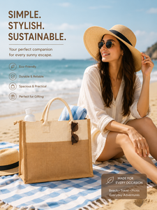 <b>Large</b> Jute <b>Beach</b> Tote <b>Bag</b> With Top Handle Eco-Friendly Shopping <b>Bag</b> For Travel Picnic Everyday Use - Product Image 1