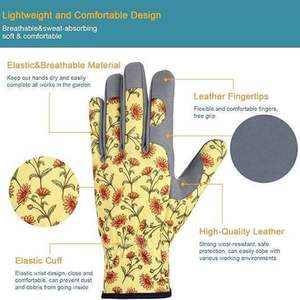 Yellow Broken Flowers Women Leather Gardening <b>Gloves</b> Rose Pruning Thornproof <b>Gloves</b> Breathable Touch Screen Garden <b>Gloves</b> - Product Image 3