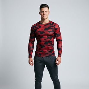 Chemise de compression à manches longues pour homme, col rond, imprimé camouflage rouge, séchage rapide, coupe ajustée, sportive, en polyester tricoté - Product Image 6