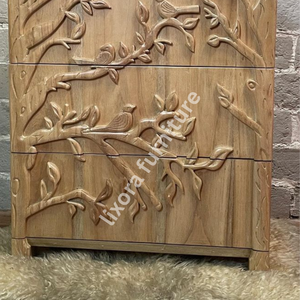Luxury Handcrafted Solid Wood 3 Drawer Dresser Ornate Bird Tree Branch Relief Carving Finish - Product Image 3