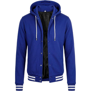 <b>Men's</b> Royal Blue Varsity <b>Jacket</b> Hooded Button Closure Solid Color Casual Style Autumn Wear Satin Lining Regular Fit - Product Image 1