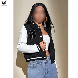 2026 Newest Women Varsity <b>Jacket</b> Black White Full Sleeve Turn Down Collar Button Closure Autumn <b>Short</b> Length Letter R Design - Product Image 5