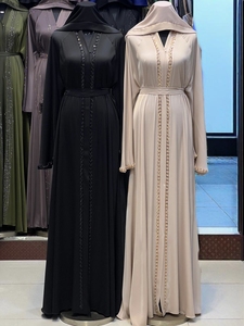 Wholesale Modest Dubai Beaded Sequined Long Sleeve <b>Abaya</b> Muslim Traditional Handmade Wedding Women Polyester Breathable V Neck - Product Image 3