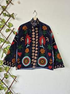 Bohemian Navy Blue <b>Velvet</b> Suzani Embroidered <b>Jacket</b> with Soft Floral Pattern Full Sleeve Stand Collar <b>Women's</b> Winter Outerwear - Product Image 1