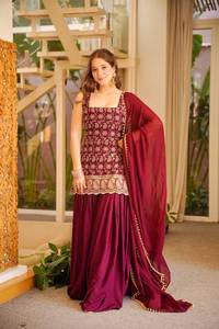 Conjunto de top de georgette sintético con bordado y encaje de diseñador, pantalón palazzo y dupatta, completamente cosido y listo para usar. - Product Image 2