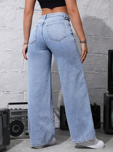 Jean baggy déchiré taille mi-haute pour femme, coupe large, respirant, lavable, en denim décontracté, coupe ample, en coton, couleur claire - Product Image 5