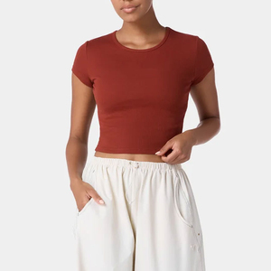 Women <b>Red</b> <b>Crop</b> <b>Top</b> O Neck Short Sleeve Slim Fit Knitted Casual T Shirt Solid Color Breathable for Spring Summer Wear Comfortable - Product Image 3