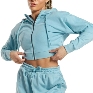 Women's Light Blue <b>Cropped</b> Hoodie Full Sleeve <b>Zip</b>-<b>Up</b> Solid Color Knitted Fleece Sweatshirt Autumn Wear - Product Image 1