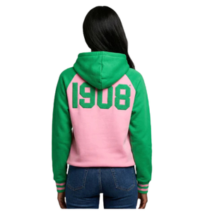 Sudadera con Capucha Bicolor AKA Rosa y Verde con Letras Griegas Bordadas para Mujer, Chaqueta Casual de Forro Polar - Product Image 3