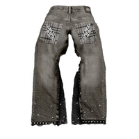 Conjunto de Jeans de Mezclilla Gruesos para Hombre, Efecto Desgastado, Estilo Vintage, Bordado, Técnica de Impresión con Pedrería