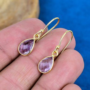 Natural Purple Amethyst Pear Shape Gemstone Teardrop Earring Handmade 18k Micron Gold Over 925 <b>Sterling</b> <b>Silver</b> Finish - Product Image 3