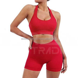 Leggings de soutien-gorge de Yoga taille haute pour femmes Logo personnalisé ensemble d'entraînement de Fitness en deux pièces motif solide matériau Spandex taille élastique - Product Image 1