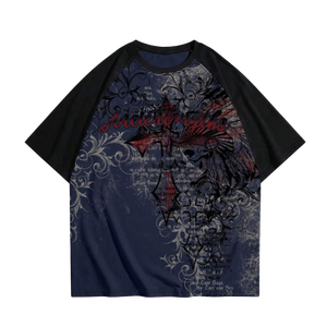 Camiseta Raglán Personalizada con Estampado Gráfico Vintage, Estilo Urbano Grunge con Calavera y Cruz, de Manga Corta, Oversize, de Algodón Pesado para Hombre - Product Image 1