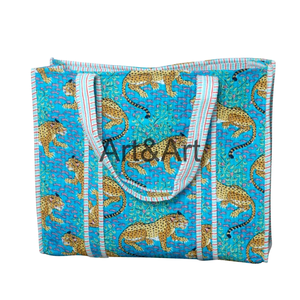 Sac fourre-tout vintage en coton indien fait main imprimé au bloc, motif jungle, avec deux anses, pour femme - Product Image 3